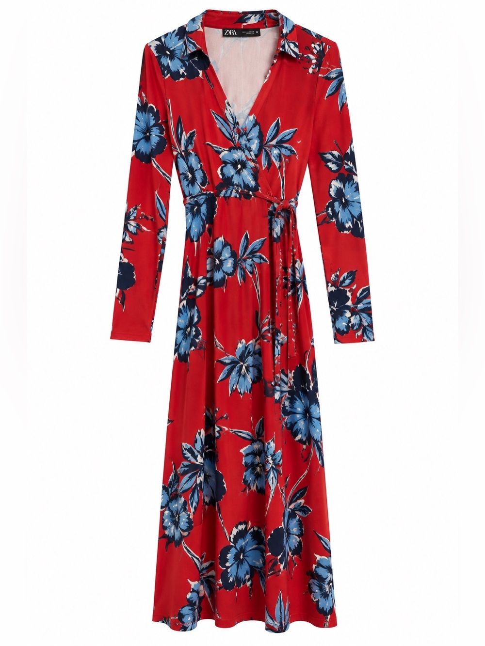 ZARA Red Wrap Maxi Dress with Blue Floral Print